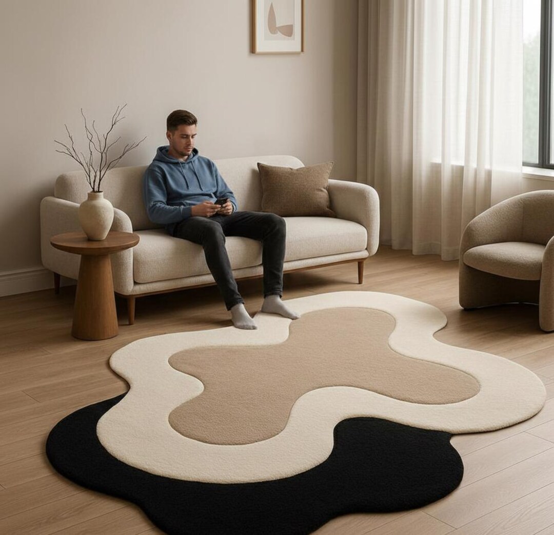 Hand Tufted Wool Abstract Rug, Modern Organic Shape Area Rug, Beige ...