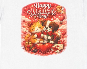 Happy Day Cat and Dog Tee | Cute Romantic Hearts Valentine's Shirt