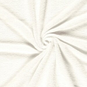 May include: A solid white fabric with a soft, plush, and fuzzy texture. The material is arranged in a central spiral pattern, creating deep folds and shadows that radiate outward from the center, highlighting the dense, short pile of the textile.