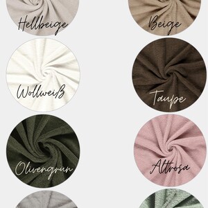 May include: A color chart featuring eight circular swatches of terry cloth fabric labeled Frottee, Hellbeige, Beige, Wollwei&szlig;, Taupe, Olivengr&uuml;n, Altrosa, Grau, and Gr&uuml;n. The fabric samples display various neutral and muted tones in a textured finish.