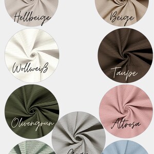 May include: A collection of nine circular fabric swatches featuring a waffle texture in various colors including light beige, beige, off-white, taupe, olive green, dusty pink, light green, gray, and blue, with the text Waffle displayed at the top.