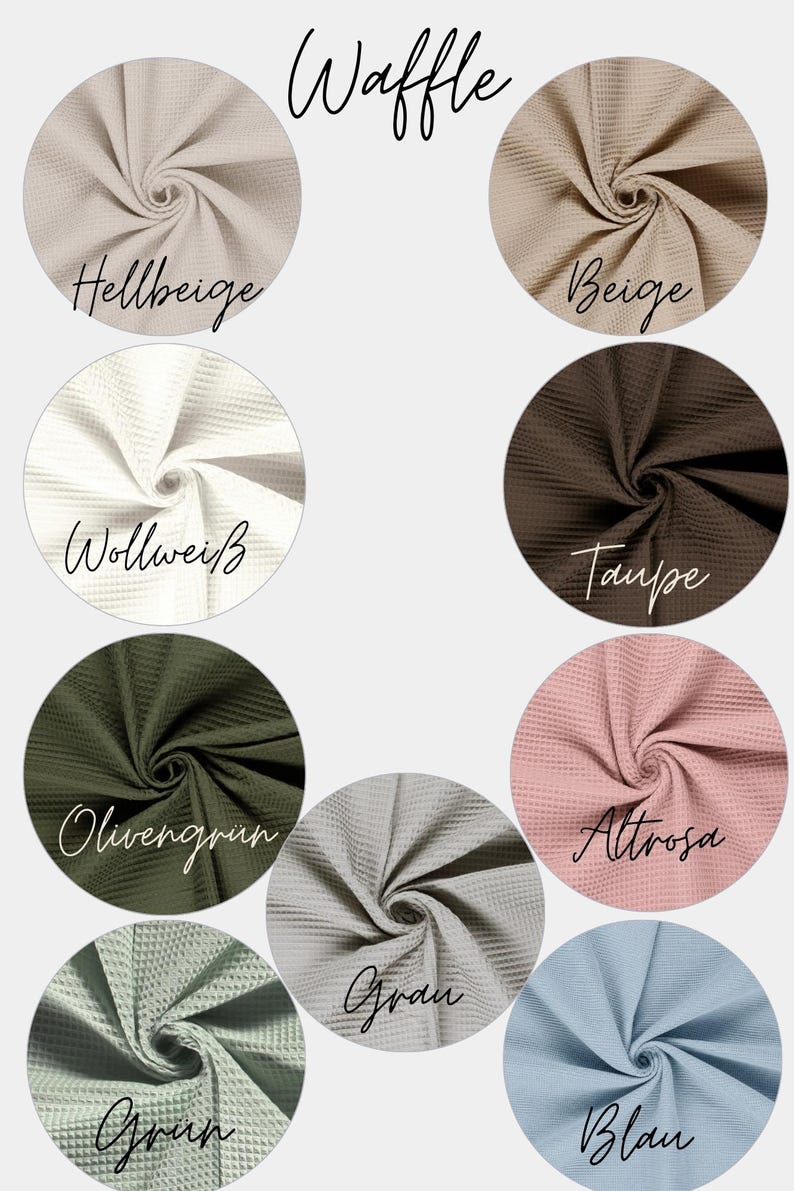 May include: A collection of nine circular fabric swatches featuring a waffle texture in various colors including light beige, beige, off-white, taupe, olive green, dusty pink, light green, gray, and blue, with the text Waffle displayed at the top.