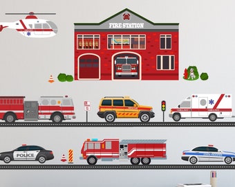 Large Fire Station Wall Decal, Fire Engine Wall Sticker, Police Car, Helicopter, Fire Trucks, Decals, Boys Wall Decal, With 16 ft Road