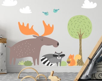 Stickers muraux animaux mignons, cerf, renard, lapin, orignal, oiseaux, buffle, arbre, écureuil, stickers muraux, forêt, jungle, Stickers muraux, sticker mural