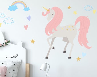 Unicorn Decal, Rainbow, Stars, Hearts, Wall Stickers, Wall Decals, Nursery Decal, Girls, Room Decor, Peel and Stick Decals