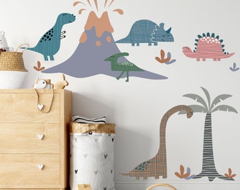 Dinosaur Wall Decals, TRex Wall Sticker, Volcano, Palm Tree, Boys Wall Decal, Peel and Stick