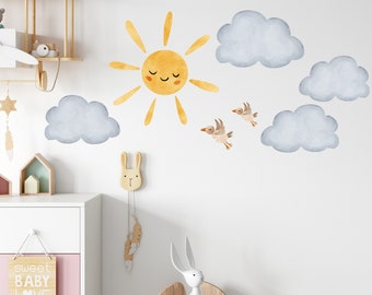 Sun Clouds Flowers Wall Decal, Watercolor, Girls Decals, Birds, Butterflies Wall Stickers, Nursery Decal, Peel and Stick Decal, Room Decor