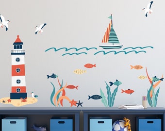 Nautical Decal, Lighthouse, Sailboat, Seagulls, Under the Sea, Wall Decal, Wall Stickers, Beach, Fish Wall Stickers, Ocean, Nursery Decal
