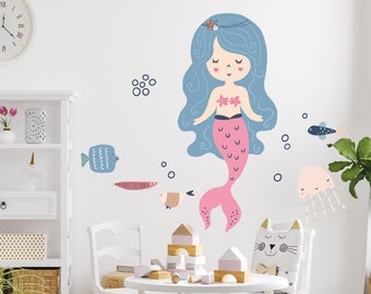 Mermaid Decal, Fish Wall Decal, Under the Sea Wall Stickers, Girls Room, Nursery Decor, Wall Stickers, Ocean Nursery Decor, Peel and Stick