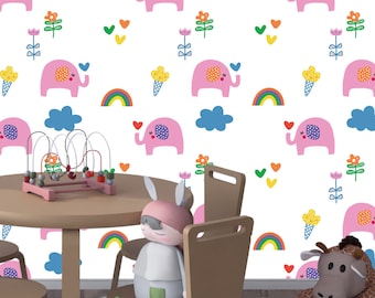Elephant, Flower Wall Decals, Hearts, Rainbow, Clouds Wallpaper Pattern, Hearts, Wall Sticker Decals, Girls Room, Wallpaper Pattern Decals
