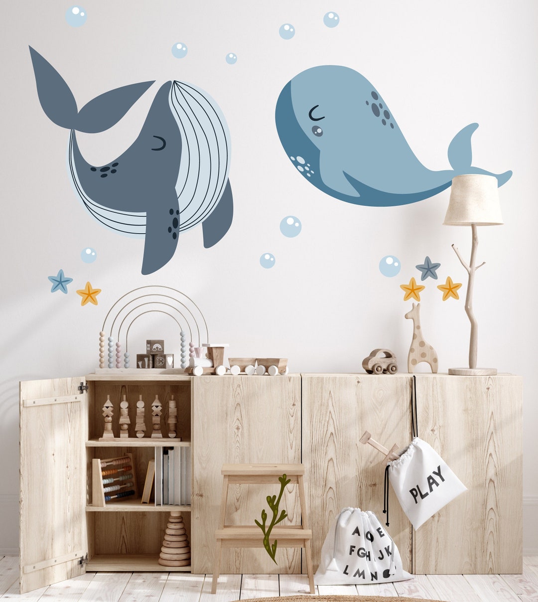 Whale Decal, Cute Whales Decal, Ocean Wall Decal, Sea Life Nursery Decor, Whale Wall Stickers