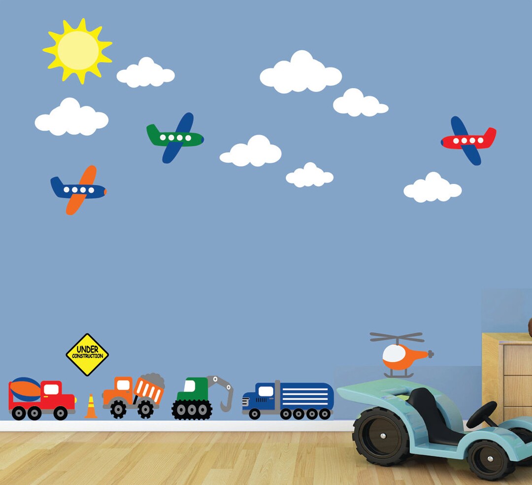 Construction Vehicles With Airplanes Clouds Wall Decal - Etsy