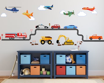 Airplane Car Transportation Wall Decal, Boys Wall Stickers, Construction Trucks, Police, Plane, Wall Decals, Boys Room Decor