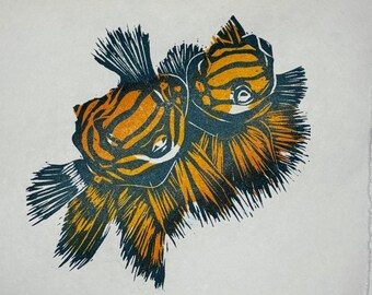 Mandarin Fish Lovers (2 block linocut)