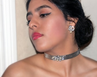 Pearl Choker, Silver Choker, Swarovski Necklace, Pearl Crystal Choker, Necklace, Bridal Necklace, Statement Bridal Neckalce, Bridal Jewelry