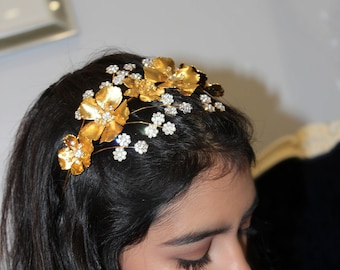 Flower Headband, Floral Headband, Gold Bridal Headband, Headband, Rose Gold Headband, Wedding Headpiece, Bridal Head Piece, Hair Jewelry,