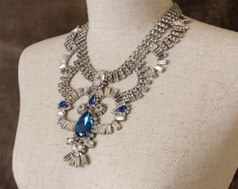 Blue bridal necklace, and Blue Crystal Rhinestones Necklace, Statement necklace, Crystal Statement Necklace, Crystal necklace, Prom Necklace