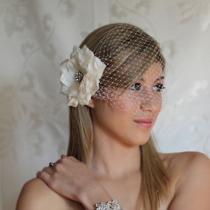 Birdcage Veil and Silk Flower Fascinator,  Russian Veil, Bridal Veil, Birdcage Veil ivory, Birdcage Veil, Blusher Veil, Bridal Veil, Veil