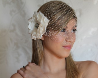 May include: A white flower hair comb with a crystal center, worn with a white birdcage veil. The veil is made of a fine mesh material and covers the top of the head.