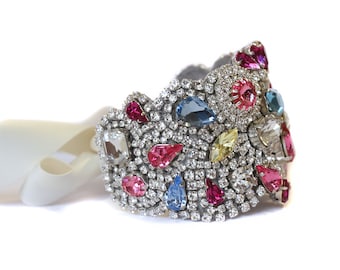 New Stunning Vibrant Colors  Cuff. Brodal Bracelet Swarovski Crystal wedding cuff, Statement bracelet Multi Color Crystal Bracelet