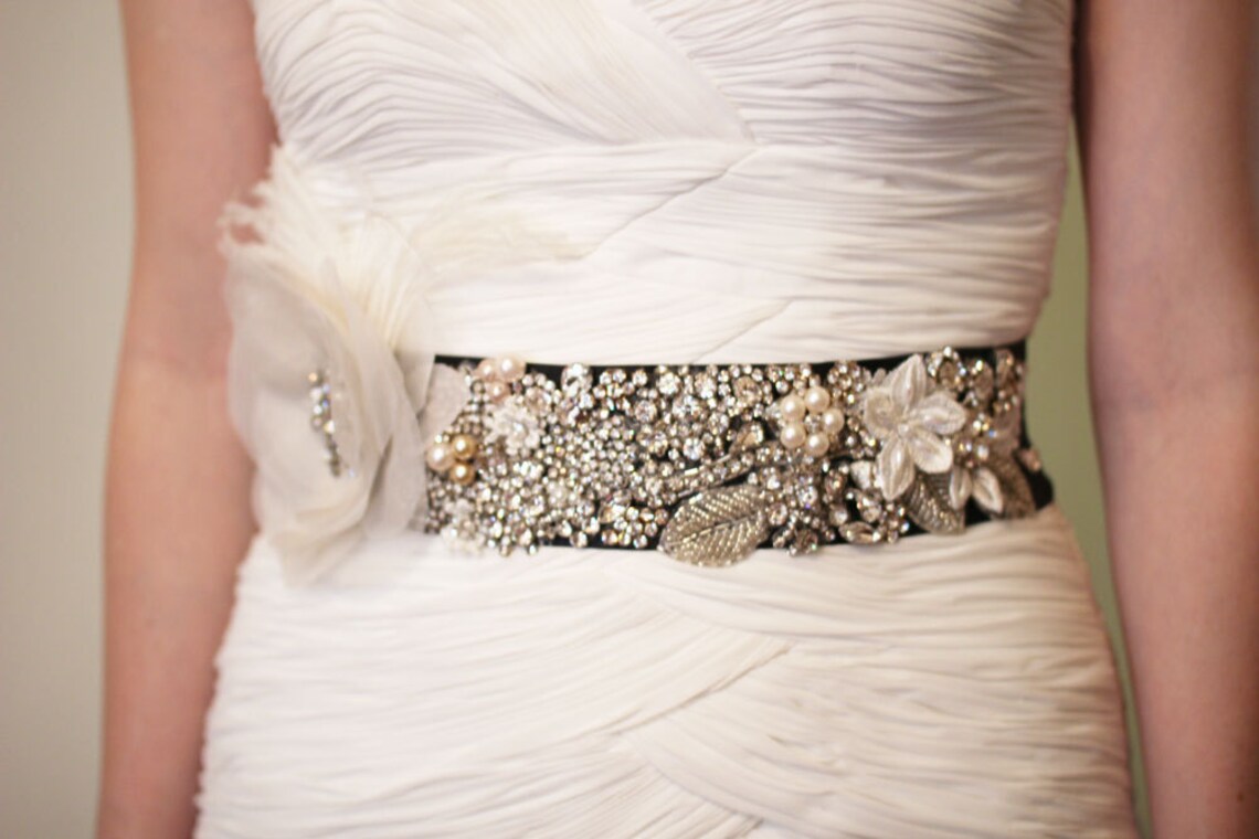 Luxe Silk Flower Bridal Sash With Rhinestones and Vintage Crystals With ...