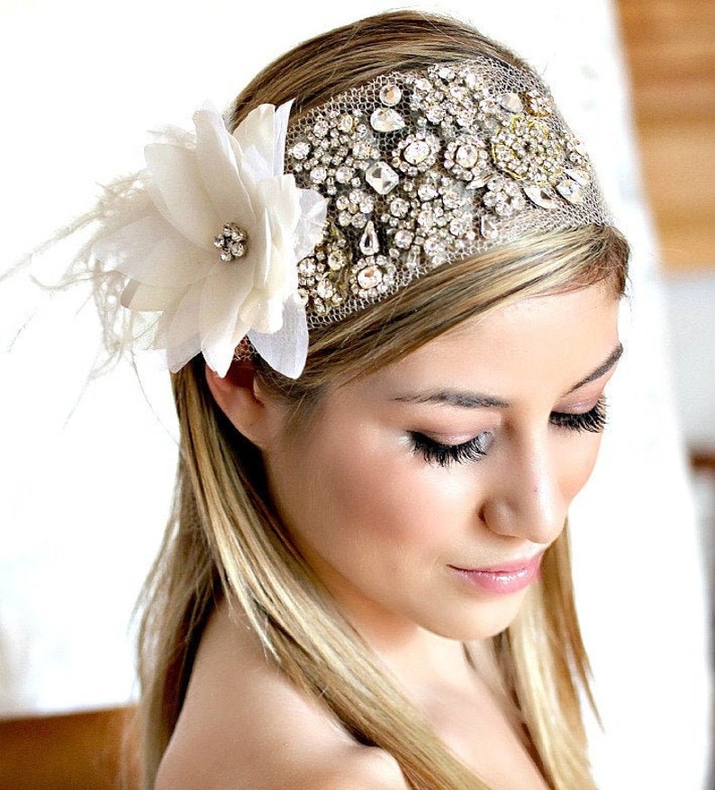 Stunning Silk Flower with White Ostrich and Rhinestone This Headpiece Ready to Ship This piece can be Customize to your tastes image 1