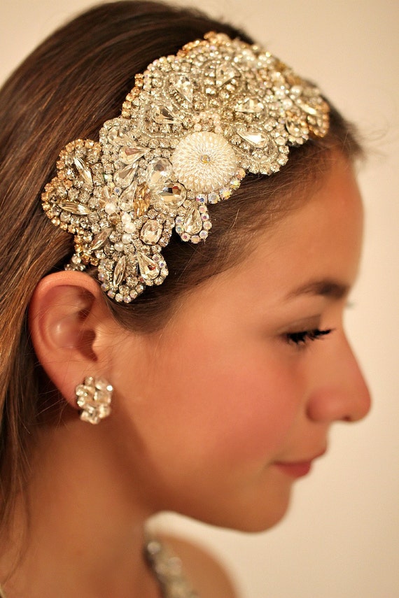 Champagne Rhinestone and Pearl Headband for Your Wedding Day  display picture 2