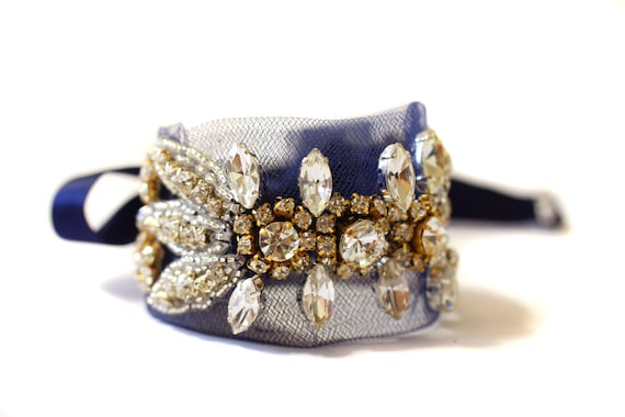 Navy Blue Swarovski Bridal Bracelet, Blue Tulle Bridal Cuff  display picture 3