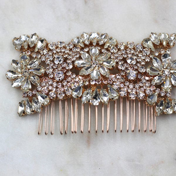 Rose Gold Hair Comb, Hair Comb, Bridal Hair piece, Rhinestones, Large Rhinestone Hair Comb, Vintage Crystal Rhinestone, Hair Piece Hair Comb