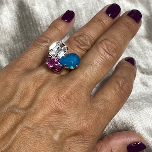 Crystal ring, cocktail ring, silver ring, statement ring, art deco ring, old Hollywood ring, large ring, big ring, ring, hobo chic ring