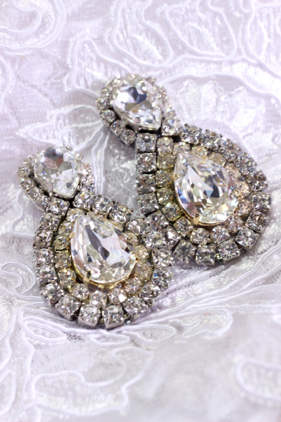 ★関税込★VINTAGE HOLLYWOOD★All Crystal Ring Earring.s★ Art Deco Vintage Hollywood Crystal Earrings by Sweet Romance