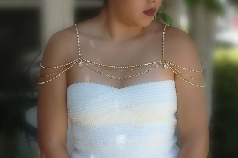 Gold shoulder necklace, Crystal necklace, Shoulder Necklace. Rose gold Necklace, Shoulder Jewelry, Bridal Body Jewelry, Shoulder Piece 画像 1