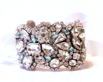 Old Hollywood Vintage Cuff, Petite Cuff with Aqua Crystal Rhinestones, Bridal Cuff, Statement Cuff,