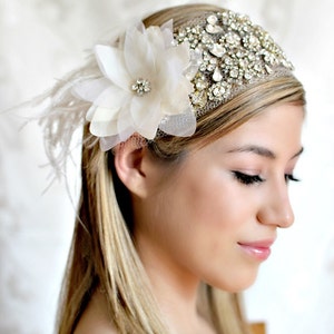 Stunning Silk Flower with White Ostrich and Rhinestone This Headpiece Ready to Ship This piece can be Customize to your tastes image 2