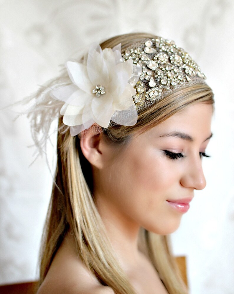 Stunning Silk Flower with White Ostrich and Rhinestone This Headpiece Ready to Ship This piece can be Customize to your tastes image 2