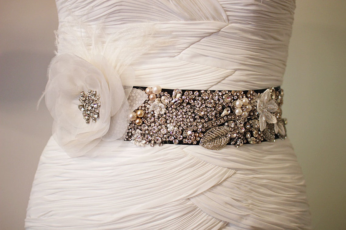 Luxe Silk Flower Bridal Sash With Rhinestones and Vintage Crystals With ...