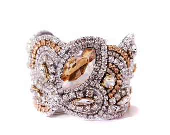 Ready to Ship, New Collection, Golden Champange Crystal Cuff Hollywood Style. Champagne Swarovski Crystal Breacelet