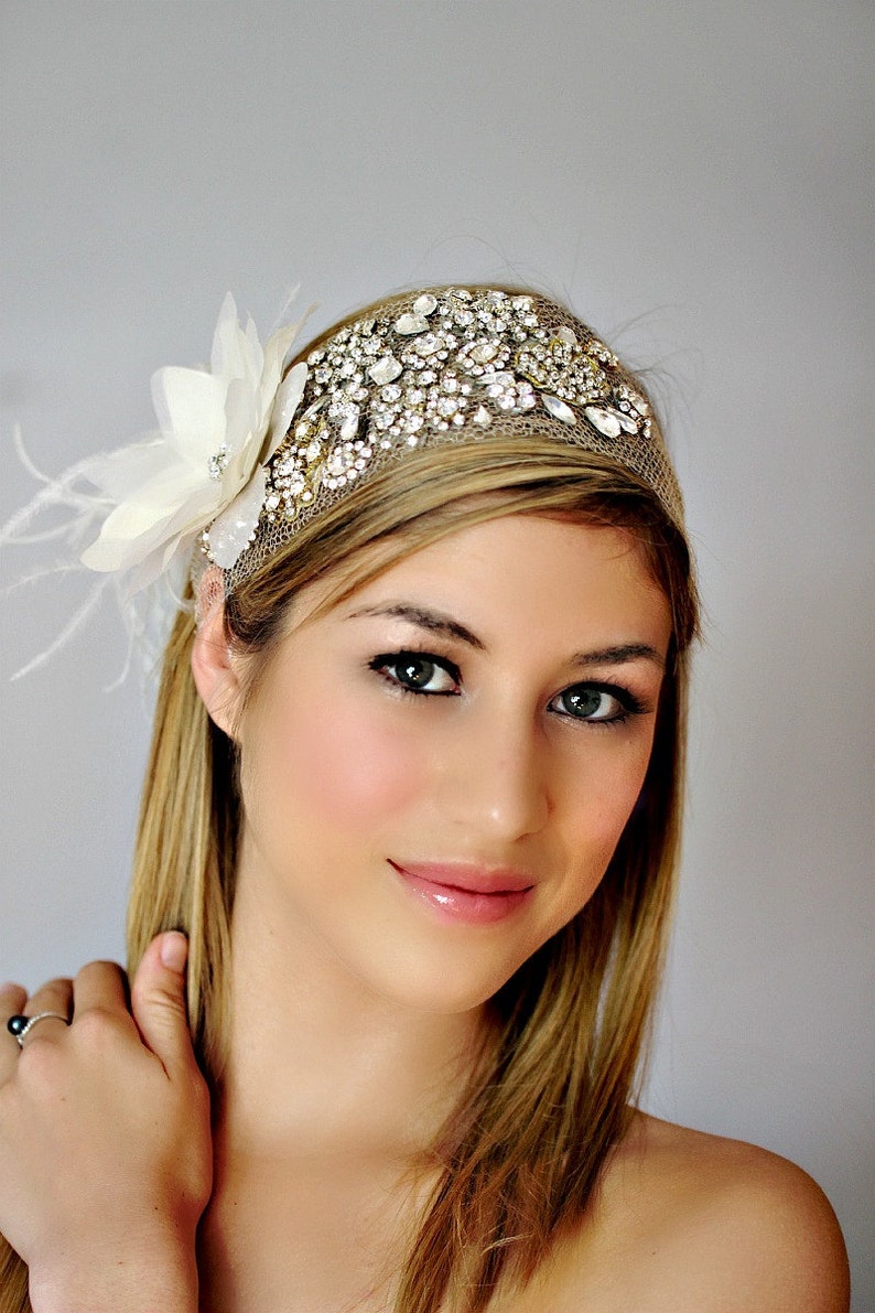 Stunning Silk Flower with White Ostrich and Rhinestone This Headpiece Ready to Ship This piece can be Customize to your tastes image 3