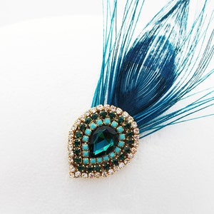 Rhinestone Peacock Feather Hair Clip in Teal