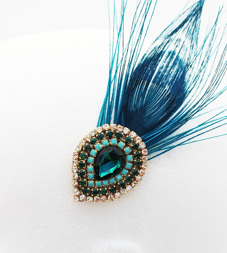 Rhinestone Peacock Feather Hair Clip in Teal image 1