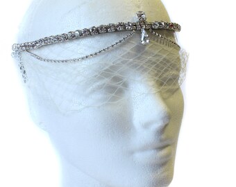 Modern Bridal Bandeau, Crystal Bridal Bandeau Rhineston, Swaged Bridal Veil, Crystal Bridal Veil