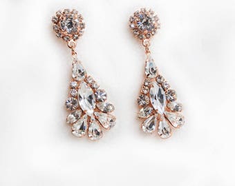 Rose Gold Earrings, Bridal Earring Crystal,  Bridal Earrings, Bridal Drop Earrings Gold Crystal Drop Earrings Vintage Bridal Earrings Bridal