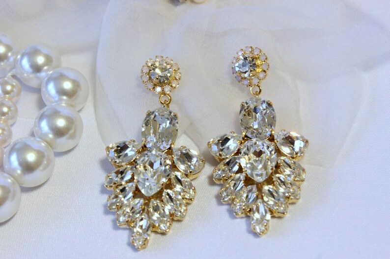 New Swarovski Bridal Earrings Chandelier Bridal Earrings Hollywood Style Earrings Gold Crystal Drop Earrings Vintage Bridal Earrings Bridal image 2