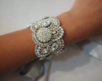 Pearl Rhinestone with Ribbon Tie or Sterling Silver Clasp Your Choice, Original Cuff Breacelet