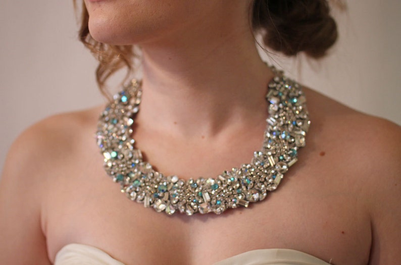 Crystal Necklace with hints of Blue Crystals for your Wedding day image 3