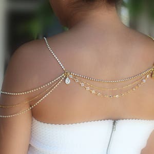 Gold shoulder necklace, Crystal necklace, Shoulder Necklace. Rose gold Necklace, Shoulder Jewelry, Bridal Body Jewelry, Shoulder Piece image 2