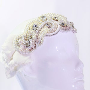 Art Deco Bridal Pearl Bandeau, Swarovski Crystal Bridal Bandeau, Pearl and Crystal Bridal Headpiece image 1