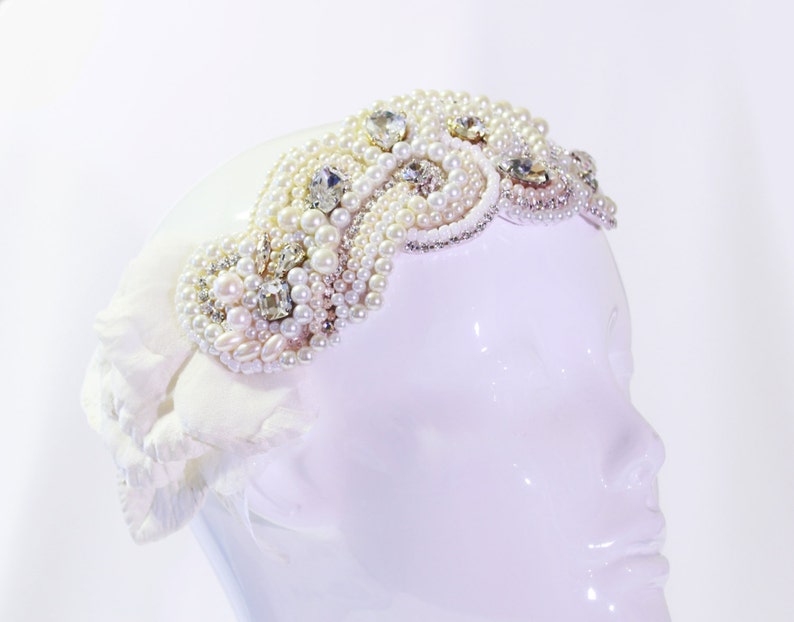 Art Deco Bridal Pearl Bandeau, Swarovski Crystal Bridal Bandeau, Pearl and Crystal Bridal Headpiece image 1