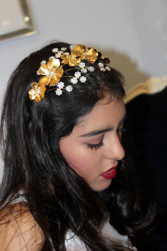 Bridal Headpiece Flower Design Gold Hair Accessory Wedding Headband Gold Ivory Hair Tiara, Flower Headband, Crystal Headpiece  main image 2