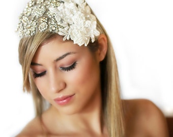 Crystal and Lace Flower Head piece Ready to Ship